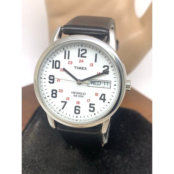 Timex Mens Watch T2N091 Indiglo White Dial Quartz Silver Case Black Leather Band - Picture 1 of 14